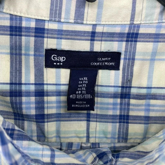 Gap Button-Down Shirt Men Sz XL Yellow Blue Slim Fit Plaid Collared Patch Pocket - Picture 10 of 11